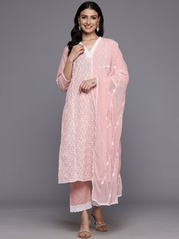 Varanga - Women Pink Embroidered Kurta with Tonal Trouser and Chiffon Dupatta (Set of 3)