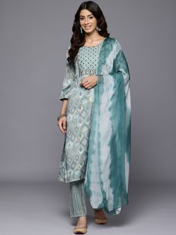 Varanga - Women Teal Blue Embroidered Yoke Printed Kurta with Trouser and Dupatta (Set of 3)