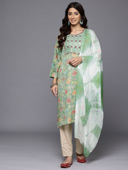Varanga - Women Mint Green Embroidered Yoke Printed Kurta with Trouser and Dupatta (Set of 3)