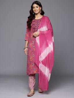 Varanga - Pink Round Neck Embroidered Yoke Printed Kurta with Trouser and Dupatta (Set of 3)