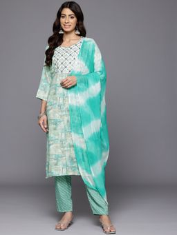 Varanga - Turquoise Blue Embroidered Yoke Printed Kurta with Trouser and Dupatta (Set of 3)