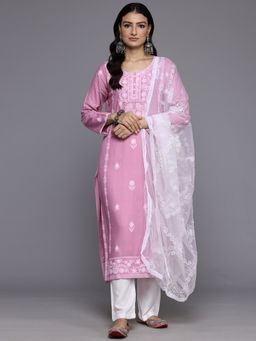 Varanga - Pink Floral Thread Embroidered Kurta Paired with White Trouser and Dupatta (Set of 3)