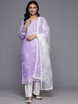 Varanga - Lavender Floral Thread Embroidered Straight Kurta with Trouser and Dupatta (Set of 3)