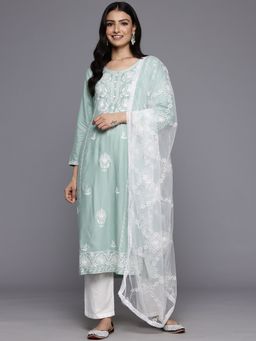 Varanga - Sea Green Floral Thread Embroidered Kurta Paired with Trouser and Dupatta (Set of 3)