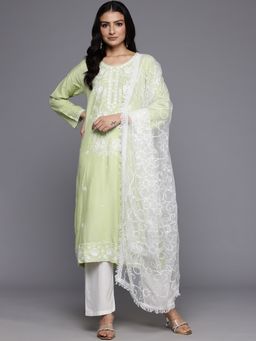 Varanga - Women Light Green Floral Thread Embroidered Kurta with Trouser and Dupatta (Set of 3)