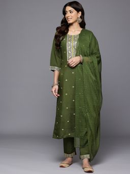 Varanga - Green Round Neck Zari Embroidered Kurta Paired with Trouser and Dupatta (Set of 3)