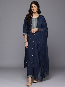 Varanga - Women Navy Blue Round Neck Zari Embroidered Kurta with Trouser and Dupatta (Set of 3)