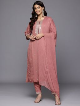 Varanga - Peach Round Neck Zari Embellished Kurta Paired with Trouser and Dupatta (Set of 3)