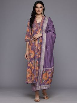 Varanga - Women Purple Floral Embellished Kurta Paired with Trouser and Dupatta (Set of 3)