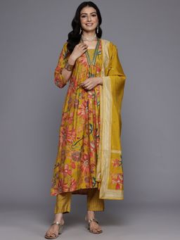 Varanga - Women Mustard Floral Printed Embroidered Kurta with Trouser and Dupatta (Set of 3)