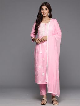 Varanga - Women Pink Thread Embroidered Straight Kurta with Trouser and Dupatta (Set of 3)