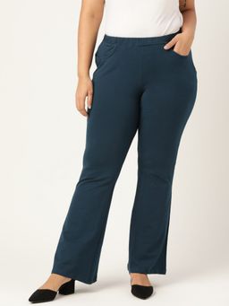 theRebelinme - Plus Size Womens Inkblue Solid Color Elastic Waist Cotton Knitted Trouser