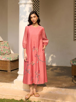 Vaayu - Hibiscus Applique Pink Midi Dress