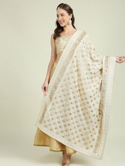 Dupatta Bazaar - Womens Cream Embroidered Lucknowi Work Dupatta with Gota Patti Work
