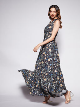 Twenty Dresses by Nykaa Fashion - Black And Multicolor V Neck Floral Maxi Dress