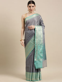 Banarasi Silk Works - Grey Resham Zari Pattu Border Art Saree with Unstitched Blouse