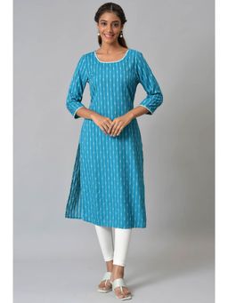 Aurelia - Blue Dobby Round Neck Kurta