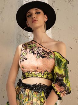 Bhanuni by Jyoti - Multi-Colour Printed One Shoulder Crop Top