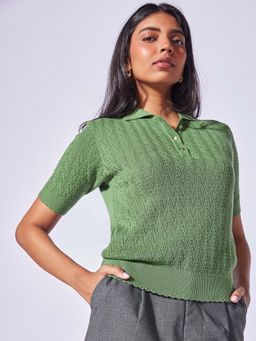 The Label Life - Women Pine Herringbone Knit Collared Top