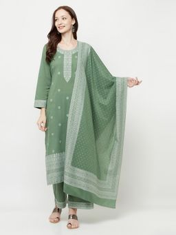 Safaa - Women Cotton Olive Woven Chikankari Design Unstitched Dress Material with Dupatta (Set of 3)