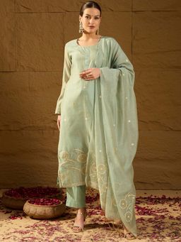 Vaamsi - Women Blue Woven Design Straight Kurta With Pant & Dupatta