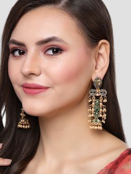 Karatcart - Antique Gold Plated Green Kundan Drop Earrings for Women