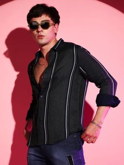 Campus Sutra - Mens Emerald Green Striped Regular Fit Casual Shirt