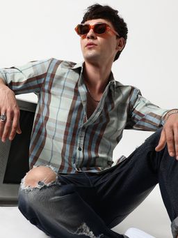 Campus Sutra - Mens Sage Green Tartan Plaid Shirt