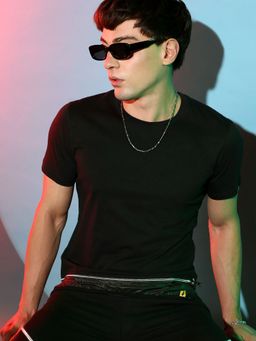 Campus Sutra - Mens Solid Black T-Shirt With Faux Leather Details