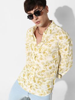 Campus Sutra - Mens Artistic Foliage Print Button Up Shirt