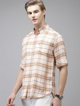 The Bear House - Men Cream Checked Slim Fit Flannel Cotton Casual Shirt