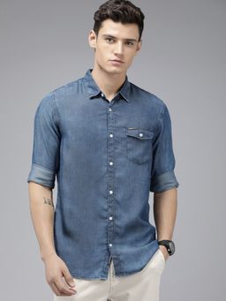 The Bear House - Men Blue Faded Slim Fit Denim Cotton Casual Shirt With Flap Pocket
