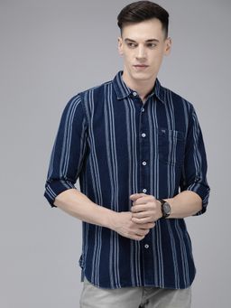 The Bear House - Men Indigo Navy Blue Striped Slim Fit Cotton Casual Shirt