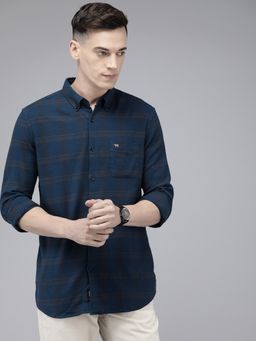 The Bear House - Men Navy Blue Checked Slim Fit Cotton Casual Shirt