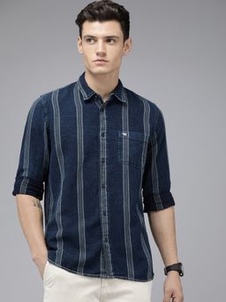 The Bear House - Men Indigo Navy Blue Striped Slim Fit Cotton Casual Shirt