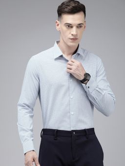 The Bear House - Men White And Blue Checked Slim Fit Cotton Formal Shirt With French Cuff