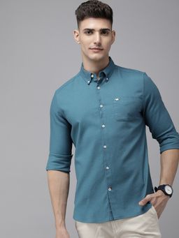 The Bear House - Men Teal Solid Slim Fit Cotton Lycra Casual Shirt