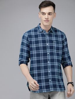 The Bear House - Men Indigo Navy Blue Checked Slim Fit Cotton Casual Shirt