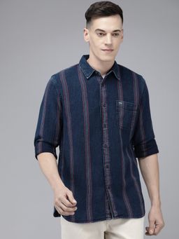 The Bear House - Men Indigo Navy Blue Striped Slim Fit Cotton Casual Shirt