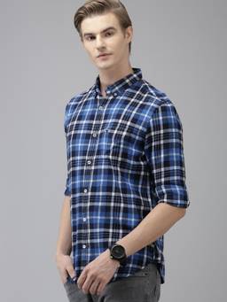 The Bear House - Men Blue Checked Slim Fit Flannel Cotton Casual Shirt