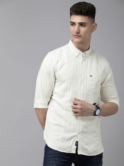 The Bear House - Men Off White Striped Slim Fit Cotton Linen Casual Shirt