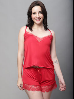 Shararat - Womens Lace Above Knee Baby Doll Dress - Red (Set of 2)