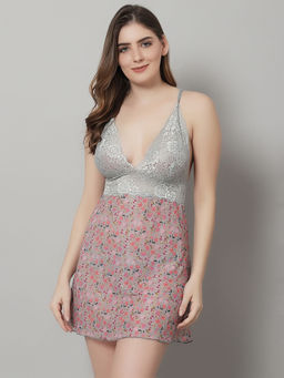 Shararat - Womens Lace Above Knee Baby Doll Dress - Gray (Set of 2)