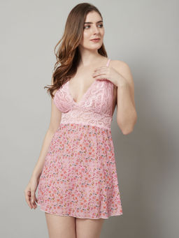 Shararat - Womens Lace Above Knee Baby Doll Dress - Pink (Set of 2)