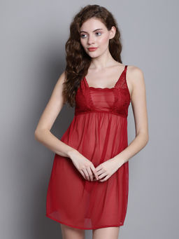 Shararat - Womens Maroon Above Knee Lace Baby Doll Dress (Set of 2)