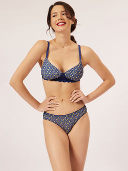 Clovia - Blue Printed Padded Non-Wired Full Coverage Printed T-Shirt Bra with Panty (Set of 2)