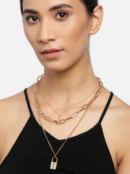 Blueberry - Gold Plated Chain Layered Pendant Detailing Necklace