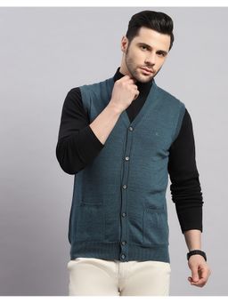 Monte Carlo - Men's Regular Fit Solid Sleeveless Winter Teal Sweater
