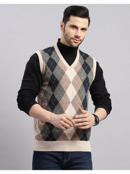 Monte Carlo - Men's Regular Fit Printed Sleeveless Winter Tan Sweater