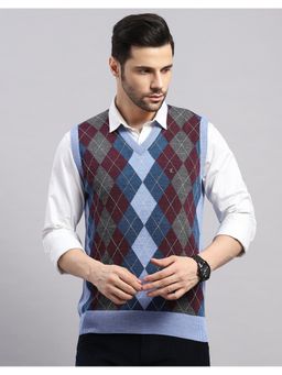 Monte Carlo - Men's Regular Fit Printed Sleeveless Winter Blue Sweater